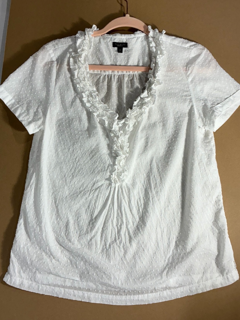 TALBOTS TEXTURED RUFFLE TRIM V NECK TOP